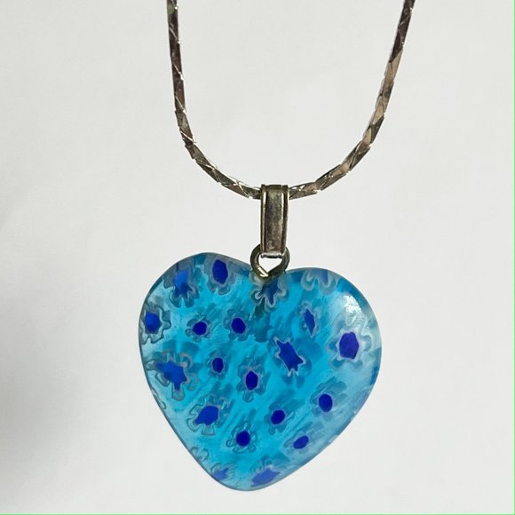 Aqua Blue Murano Art Glass Heart Necklace 18" Millefiori Flowers Silver Plated - Picture 6 of 9